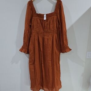 GAP rust smocked square neck ruffle sleeve woven midi dress XL